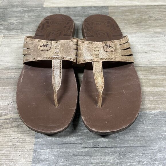 Chaco Sansa Sandals Women’s 7 Brown Leather Embossed Thong Flip Flop Tribal - Picture 3 of 8